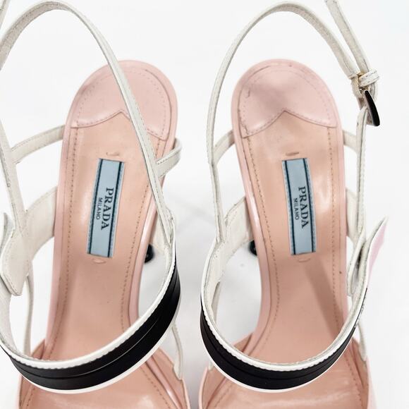Prada Pink White Brushed Leather Logo Strap Slingback Cap Toe Heels IT 40 - Picture 11 of 16